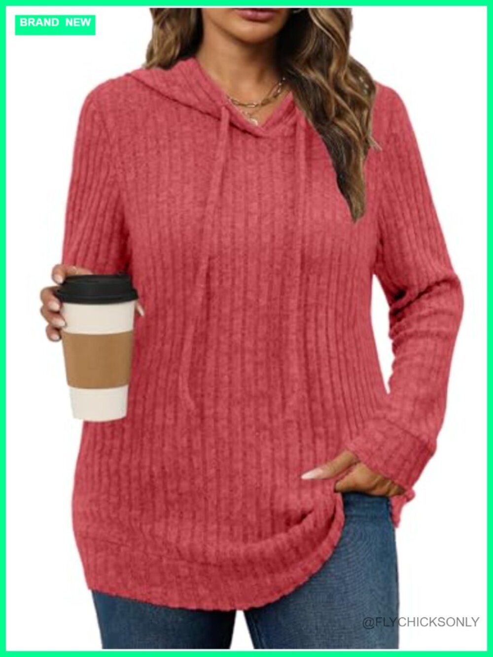 Plus Size Lightweight Hoodie Sweater Long Sleeve Ribbed Knit Fall Tunic Top